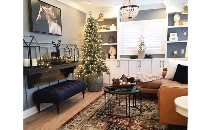 Family room with built-in shelving and shutters.